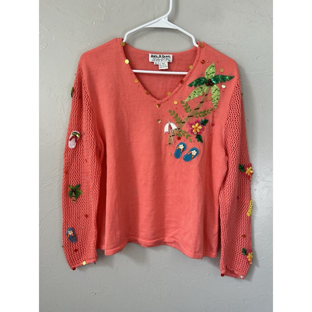 Jack B. Quick Vintage Coral Pink Beaded Flip Flop Embellished Sweater Sz XL Flaw